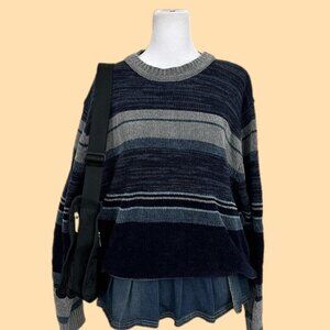 blue and gray striped vintage 90s chenille knit sweater indie skate grunge